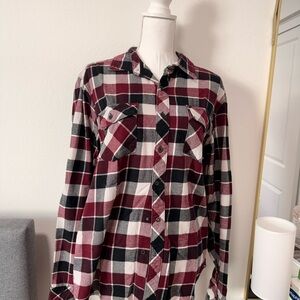 Plaid Button-Up Shirt - Red, Black, White